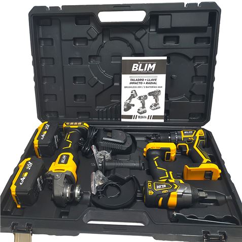 Pack 20V Taladro + Llave Impacto + Radial S/Carbones | 2 Baterías 4Ah BLIM