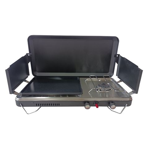 Pack Cocina Gas Portátil Premium Plancha + Doble Quemador MUVIP + Cartucho Coleman C300