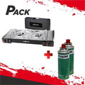 Pack Cocina de Gas Portátil Doble Fuego Acero MUVIP + 2 Cartuchos de Gas