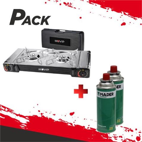Pack Cocina de Gas Portátil Doble Fuego Acero MUVIP + 2 Cartuchos de Gas