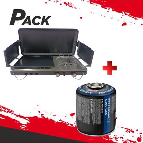 Pack Cocina Gas Portátil Premium Plancha + Doble Quemador MUVIP + Cartucho Coleman C300