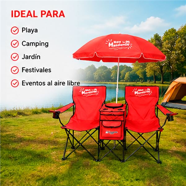 ⏳ PRERESERVA — Silla Doble Plegable de Camping con Nevera y Sombrilla SUNGARDEN